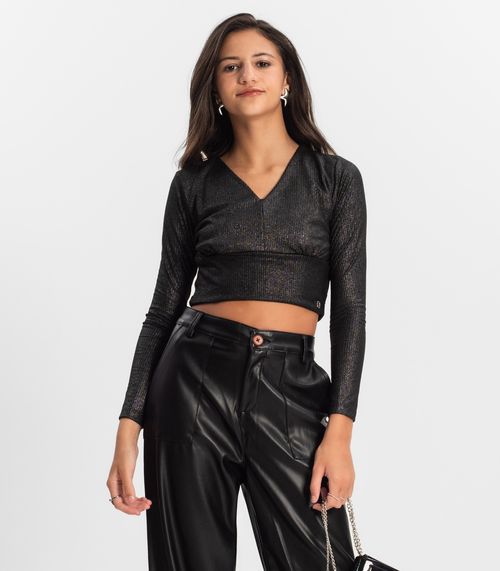 Blusa Cropped Juvenil Manga Longa Minty Preto