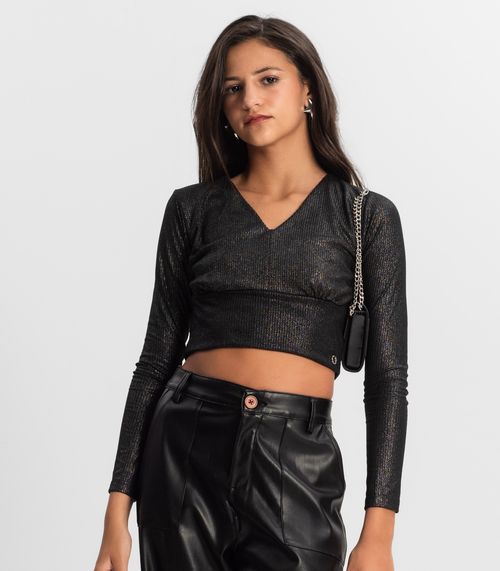 Blusa Cropped Juvenil Manga Longa Minty Preto