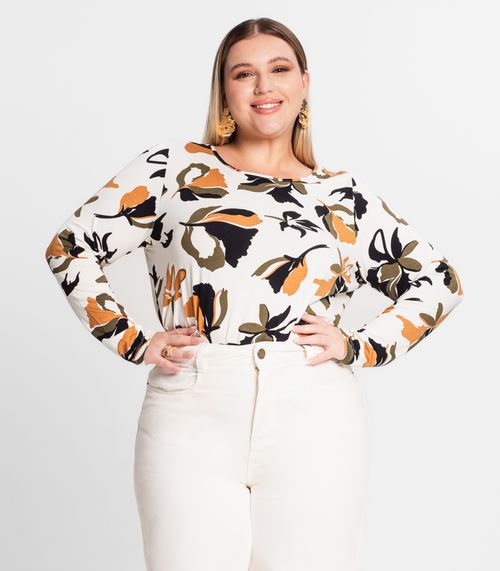 Blusa Plus Size Estampada Em Viscose Secret Glam Bege