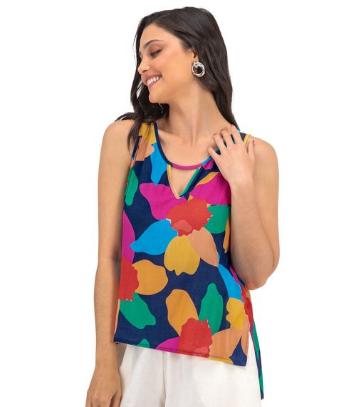 Regata Feminina Flores Assimétrica Rovitex Azul