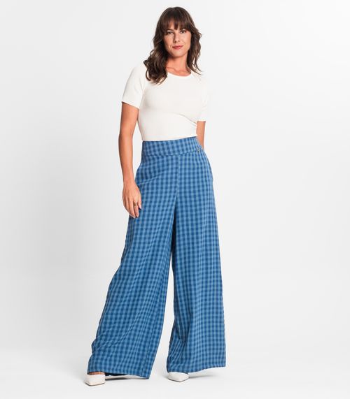 Calça Pantalona Feminina Xadrez Endless Azul