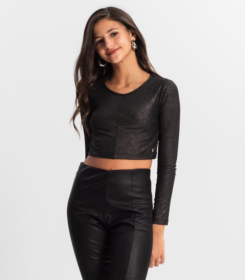 Blusa Cropped Juvenil Manga Longa Minty Preto