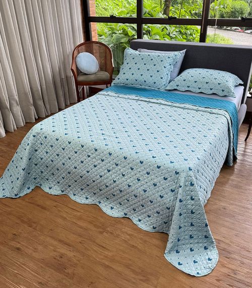 Cobreleito Queen Corações Dupla Face Lepper Azul