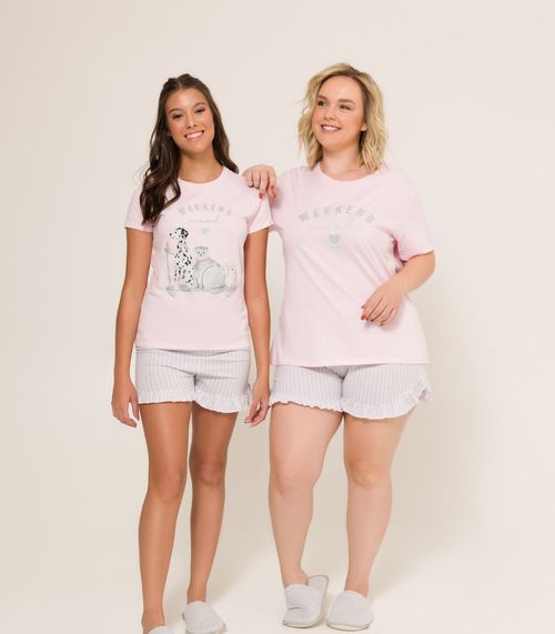 Pijama Menina Manga Curta Meia Malha Evanilda Rosa