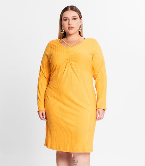 Vestido Plus Size Em Ribana Canelada Secret Glam Amarelo