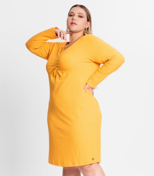 Vestido Plus Size Em Ribana Canelada Secret Glam Amarelo