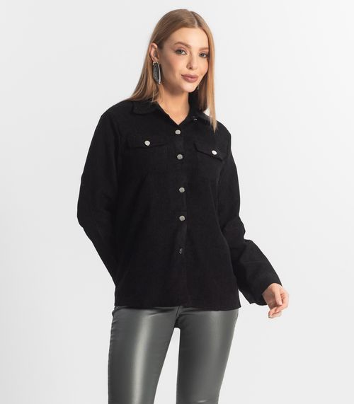 Camisa Feminina Cotelê Com Botões Atrativa Modas Preto