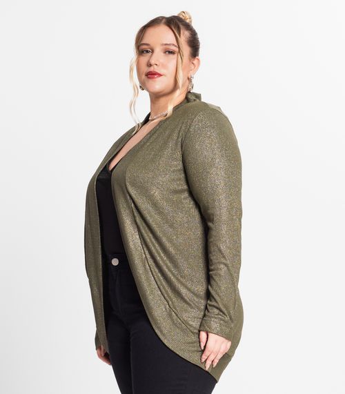 Cardigan Plus Size Em Ribana Canelada Secret Glam Verde