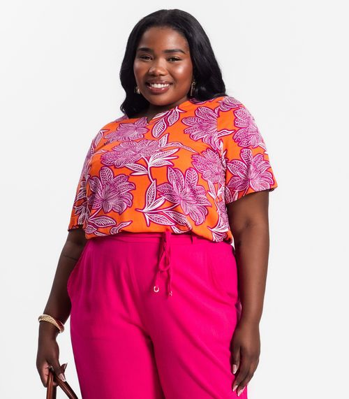 Blusa Manga Curta Feminina Plus Size Secret Glam Laranja