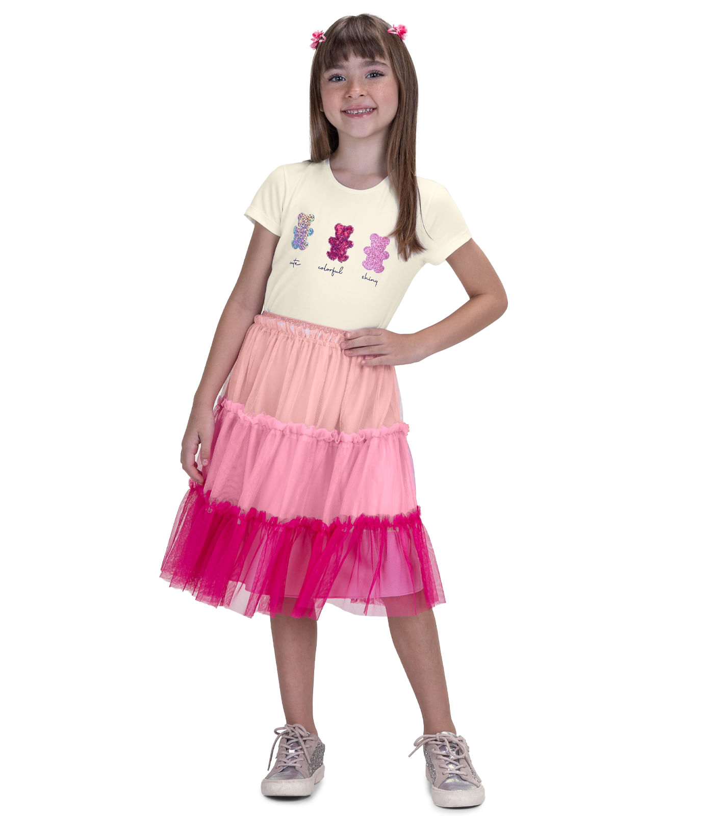 Saia Midi Infantil De Tule Com Babados Trick Nick Rosa Trick Nick