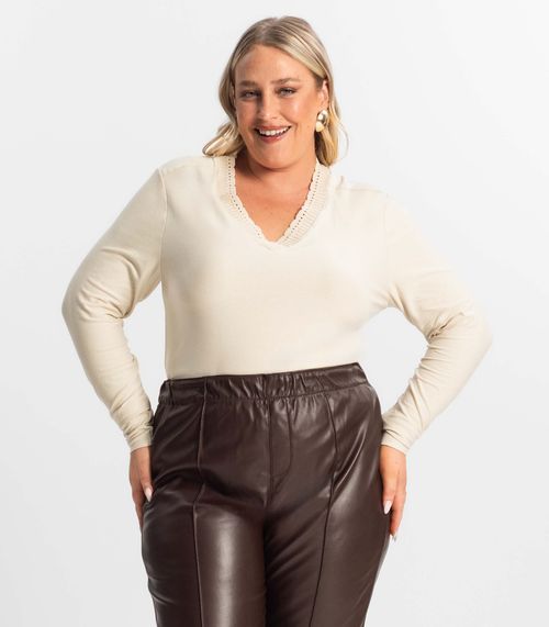 Blusa Plus Size Manga Longa Feminina Secret Glam Bege
