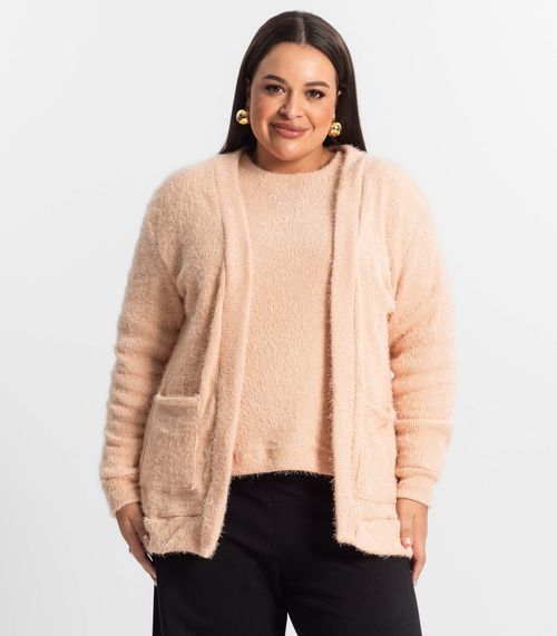 Cardigan Feminino Plus Size Em Tricot Secret Glam Rosa