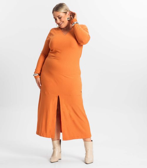 Vestido Midi Plus Size Manga Longa Secret Glam Laranja