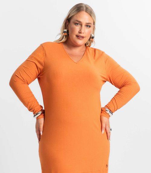 Vestido Midi Plus Size Manga Longa Secret Glam Laranja