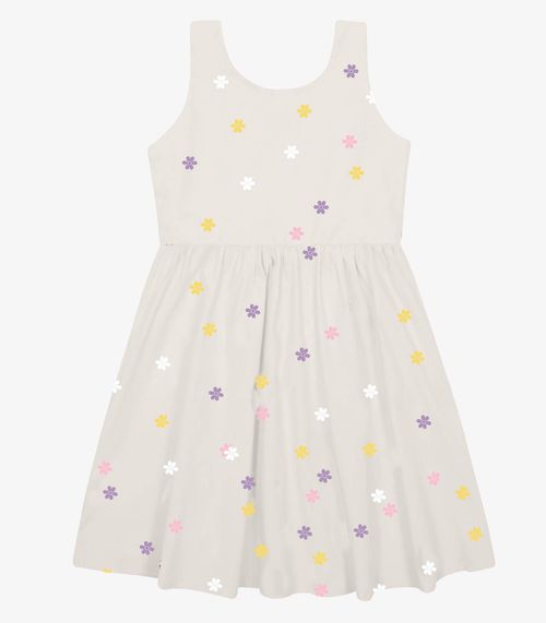 Vestido Tricoline Bordado Florzinhas Trick Nick Bege