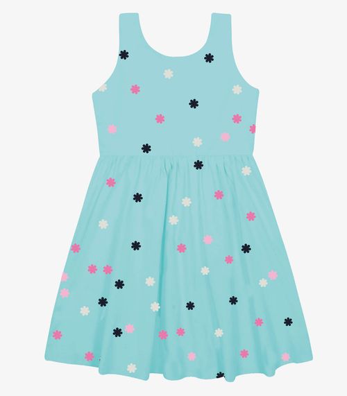 Vestido Tricoline Bordado Florzinhas Trick Nick Azul