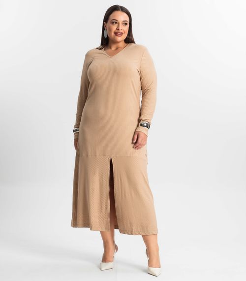 Vestido Midi Plus Size Manga Longa Secret Glam Marrom