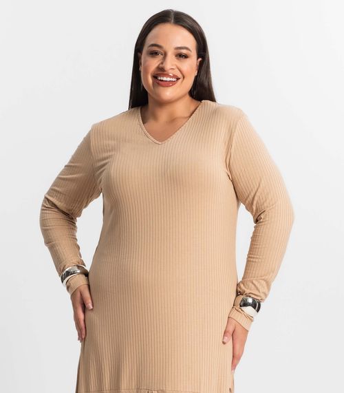 Vestido Midi Plus Size Manga Longa Secret Glam Marrom