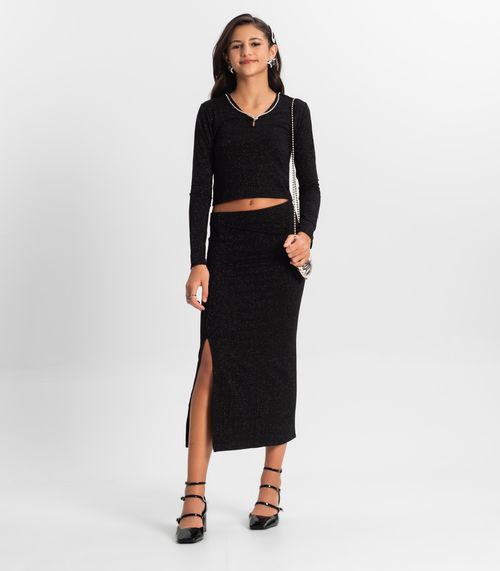 Conjunto Juvenil Blusa Com Saia Midi Minty Preto
