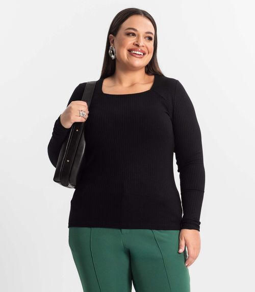 Blusa Plus Size Em Ribana Canelada  Secret Glam Preto
