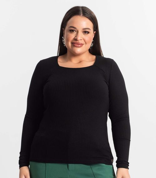 Blusa Plus Size Em Ribana Canelada  Secret Glam Preto
