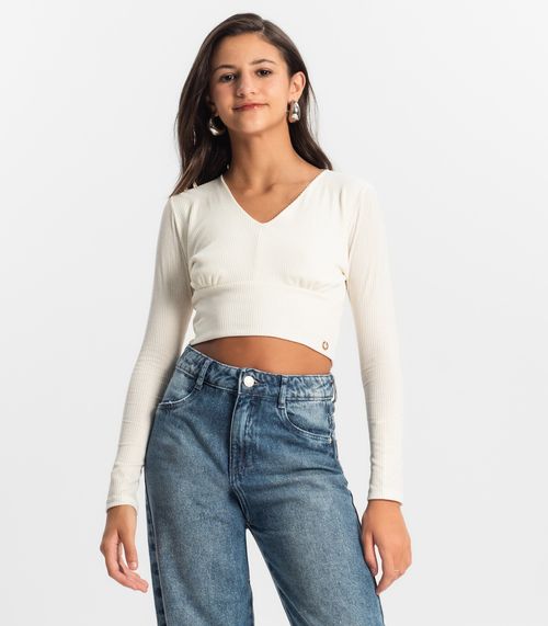 Blusa Cropped Juvenil Manga Longa Minty Bege