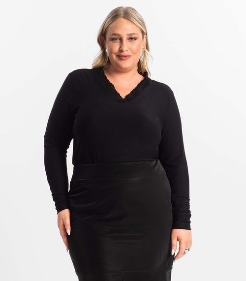Blusa Plus Size Manga Longa Feminina Secret Glam Preto
