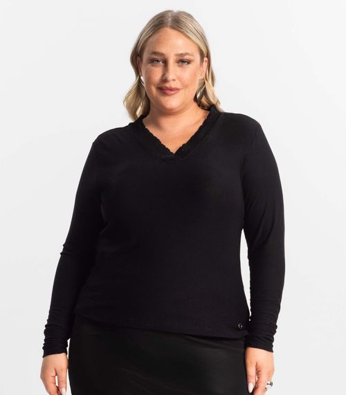 Blusa Plus Size Manga Longa Feminina Secret Glam Preto