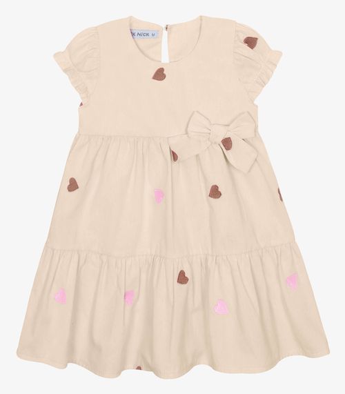 Vestido Infantil Tricoline Corações Trick Nick Bege