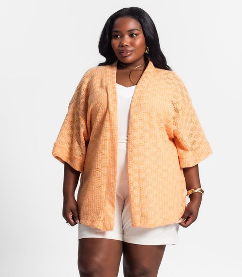 Kimono Feminino Plus Size Em Tricot Secret Glam Laranja