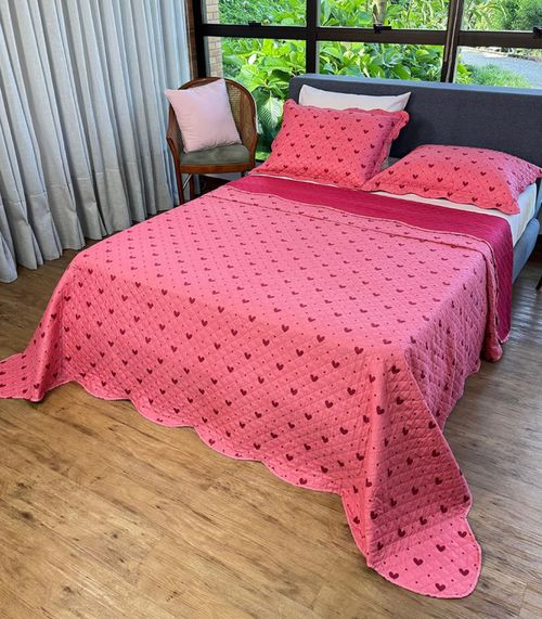 Cobreleito Casal Corações Dupla Face Lepper Rosa