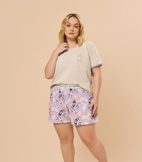 Pijama Feminino Plus Size Manga Curta Evanilda Cinza