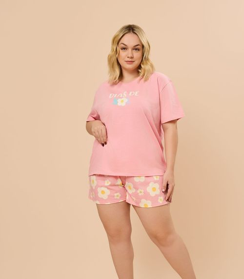 Pijama Feminino Plus Size Curto Estampado Evanilda Rosa