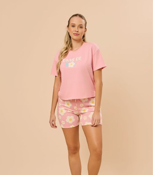 Pijama Feminino Manga Curta Meia Malha Evanilda Rosa
