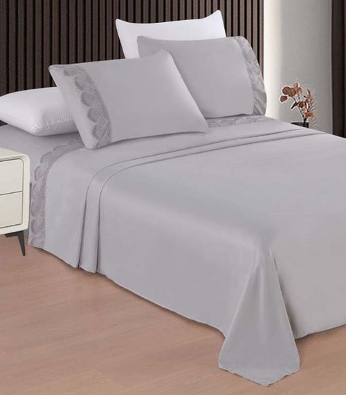 Jogo De Cama Marquesa Bordado Inglês King Camesa Cinza