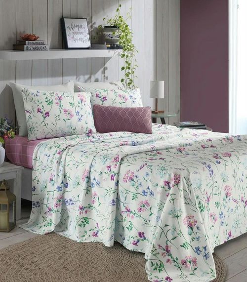 Jogo De Cama Solteiro Floral 200 Fios Lar e Lazer Bege