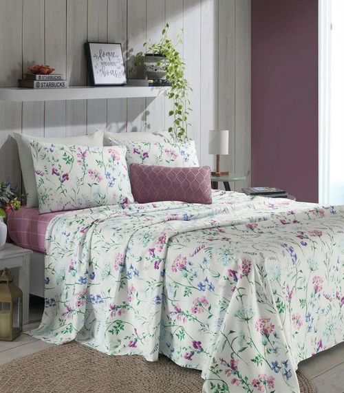 Jogo De Cama Casal Floral 200 Fios Lar e Lazer Bege