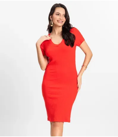 Vestido Feminino Em Ribana Canelada Rovitex Laranja