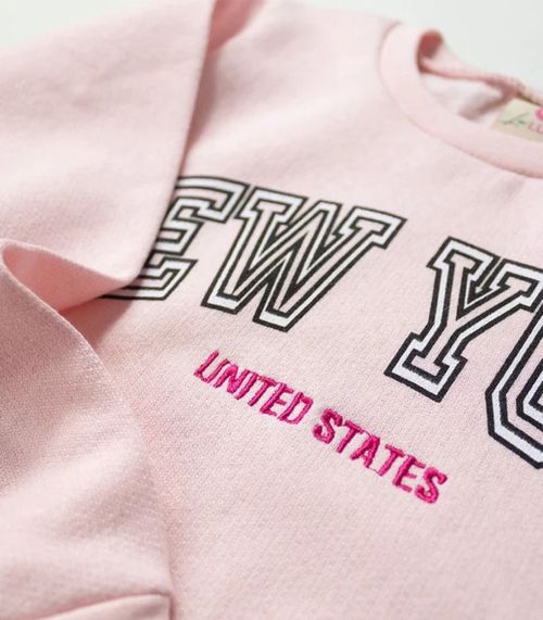 Vestido Infantil Manga Longa Em Moletom Laluna Rosa
