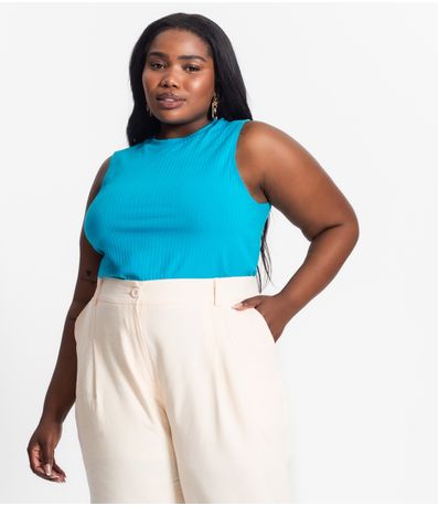 Regata Plus Size Em Ribana Canelada Secret Glam Azul