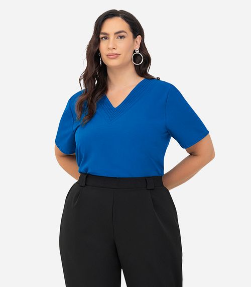 Blusa Manga Curta Plus Size Secret Glam Azul