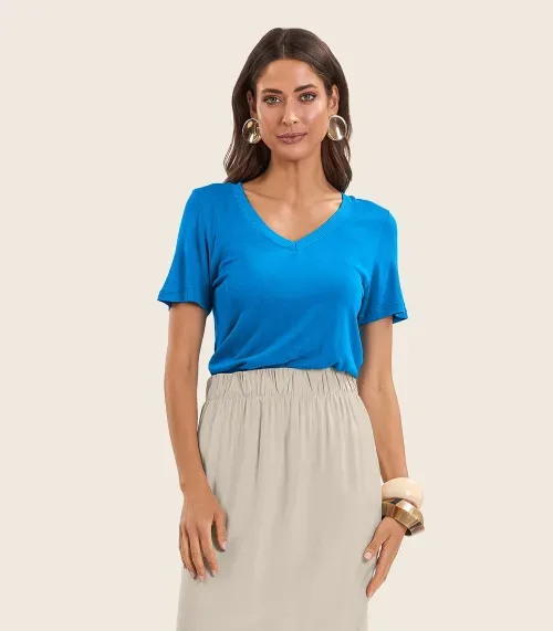 Blusa Feminina Manga Curta Decote V Endless Azul
