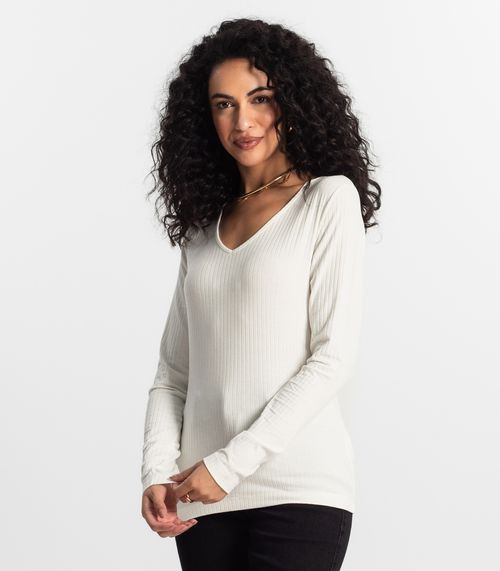 Blusa Manga Longa Em Ribana Canelada Rovitex Bege