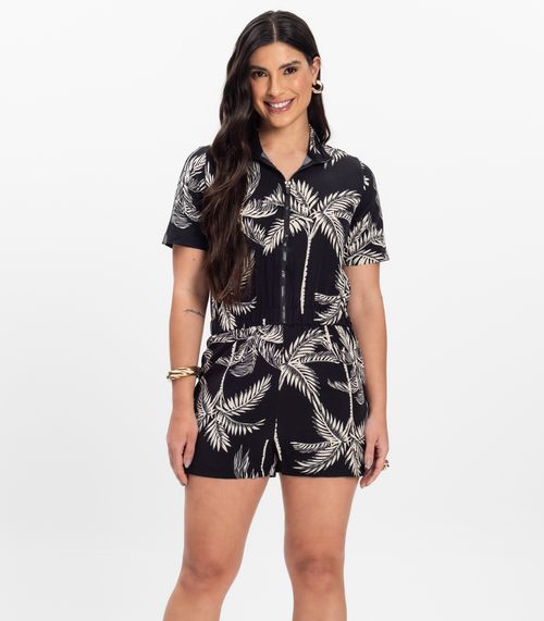 Macaquinho Curto Feminino Estampado Em Viscose WTB Preto