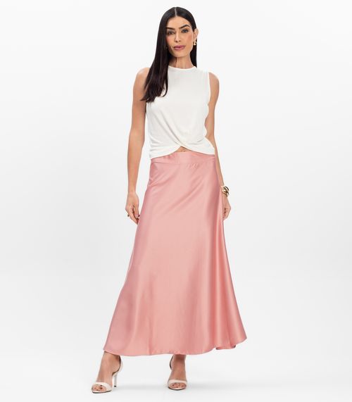 Saia Midi Feminina Fluida Toque Acetinado Select Rosa