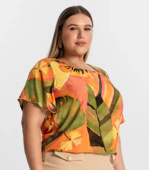 Blusa Feminina Plus Size Estampada Secret Glam Laranja
