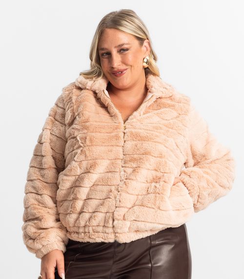 Jaqueta Feminina Plus Size Com Pelo Secret Glam Rosa