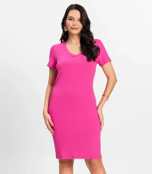 Vestido Feminino Em Ribana Canelada Rovitex Rosa