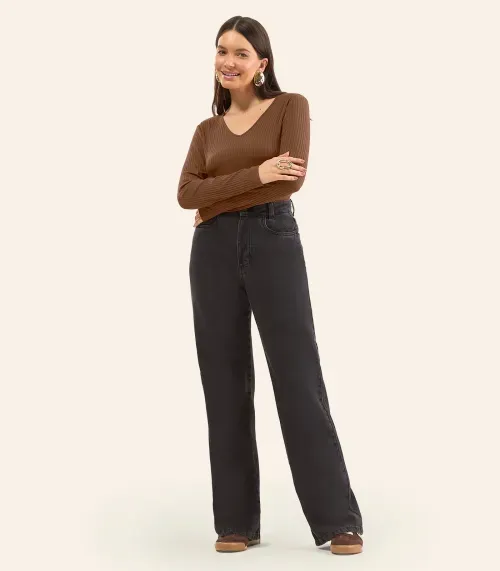 Blusa Manga Longa Em Ribana Canelada Rovitex Marrom