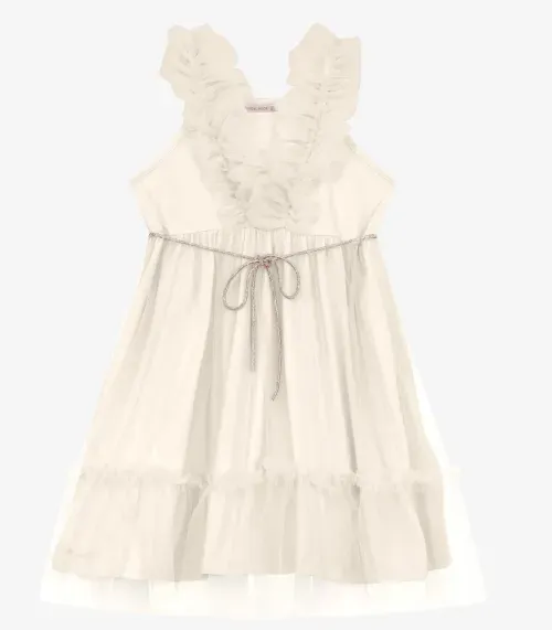 Vestido em Cotton Leve e Tule Trick Nick Bege